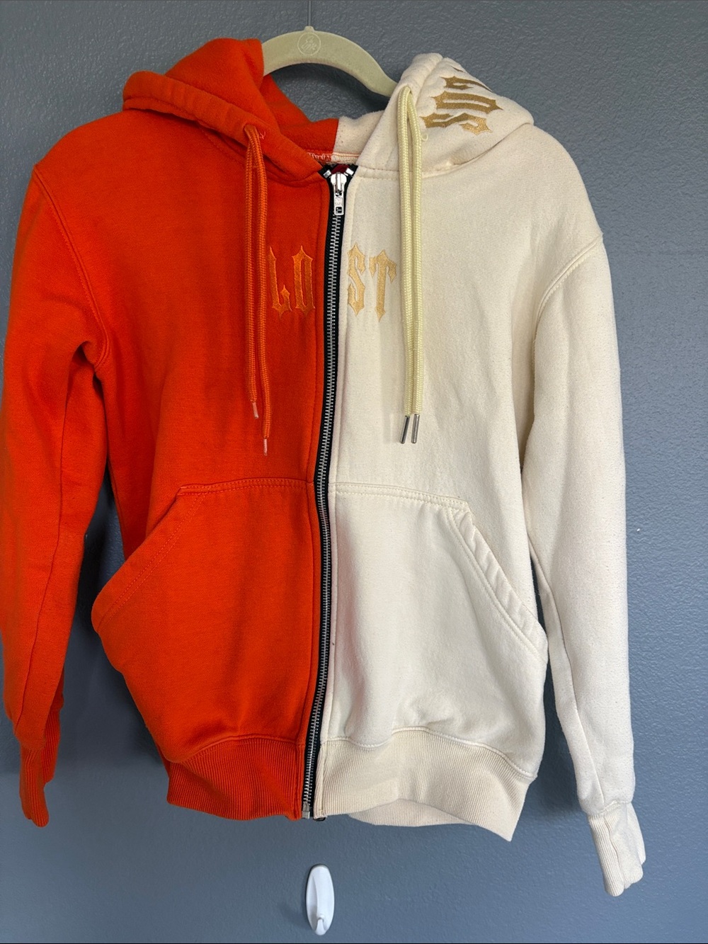 Two-Tone Orange and Cream Zip “Lost”Hoodie size Small